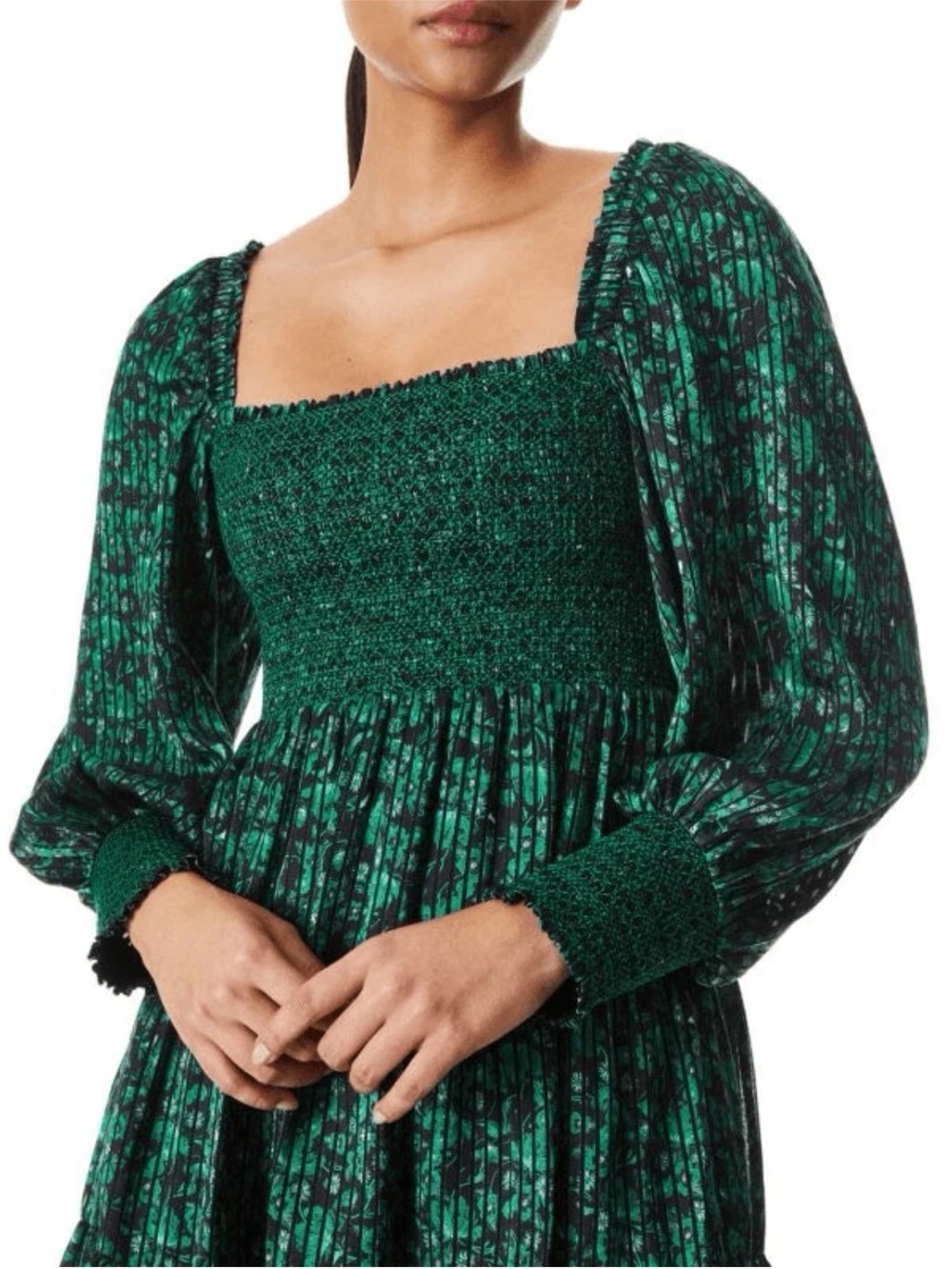 Alice + Olivia Emerald Green Floral Smocked Square-Neck Mini Dress Sz S